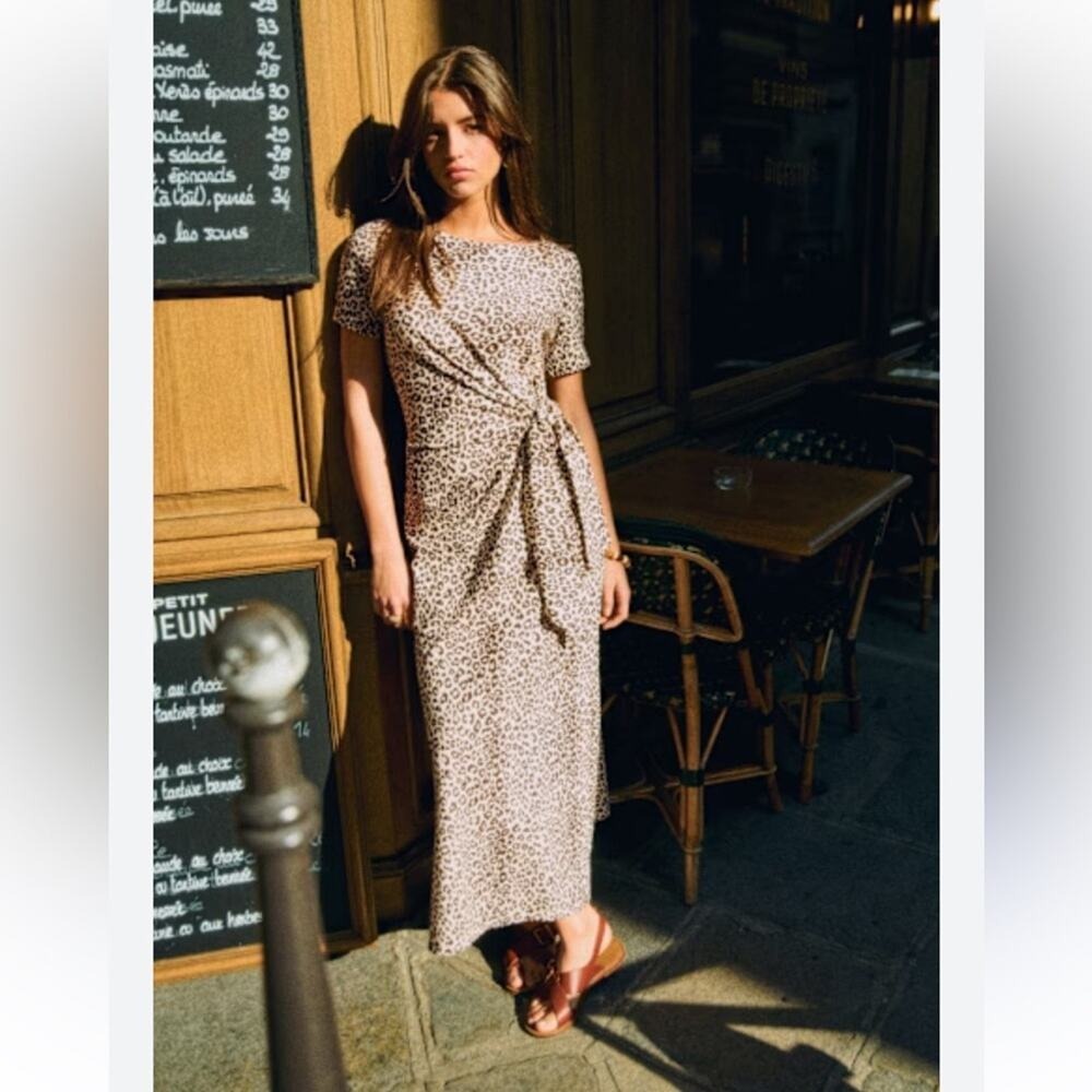NWT Sezane Pippa Leopard Print Tie Waist Maxi Jersey Dress M